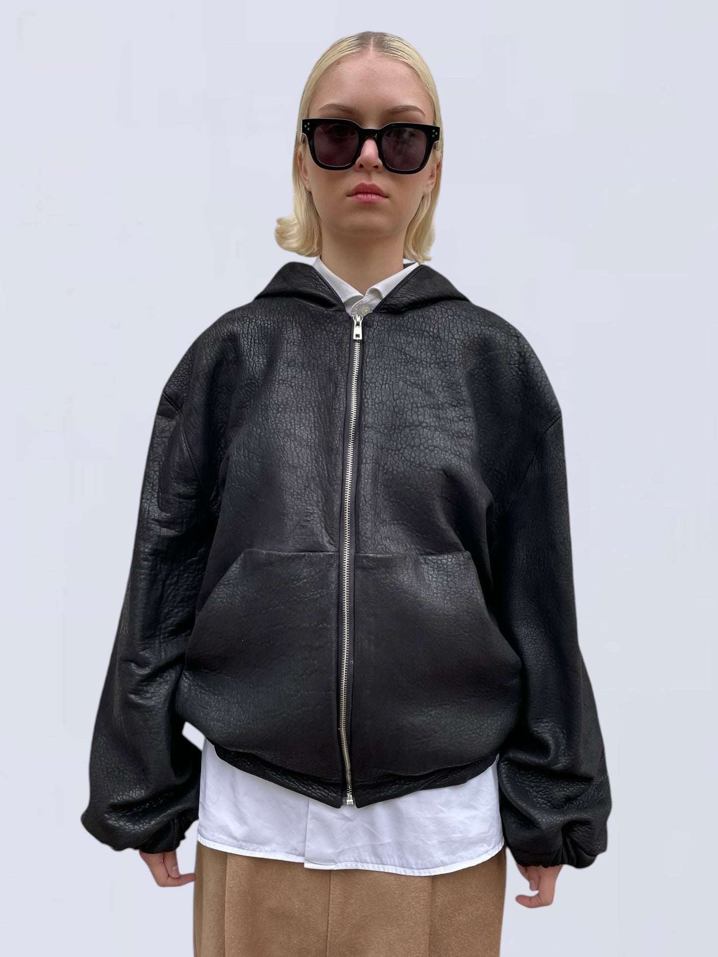 BLACK BUBBLE LEATHER BOMBER JACKET