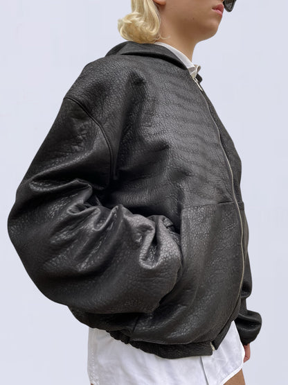 BLACK BUBBLE LEATHER BOMBER JACKET