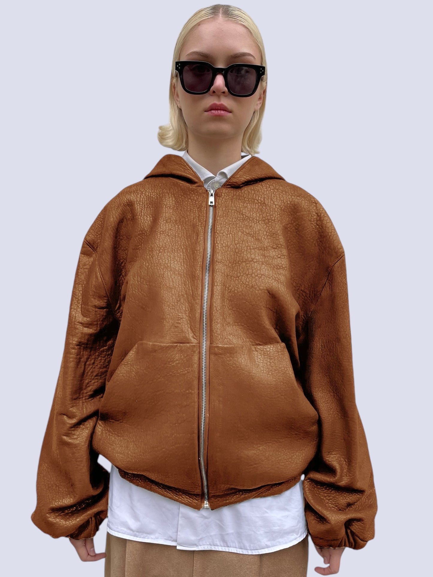 COGNAC BUBBLE LEATHER BOMBER JACKET