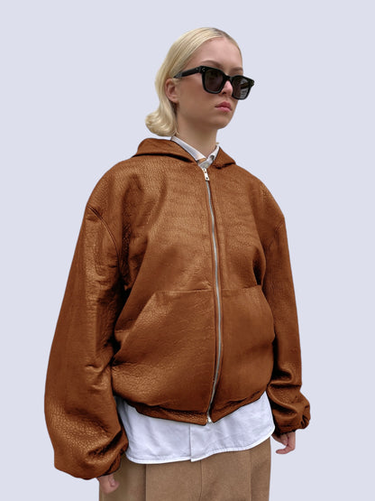 COGNAC BUBBLE LEATHER BOMBER JACKET