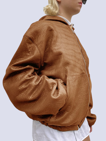 COGNAC BUBBLE LEATHER BOMBER JACKET