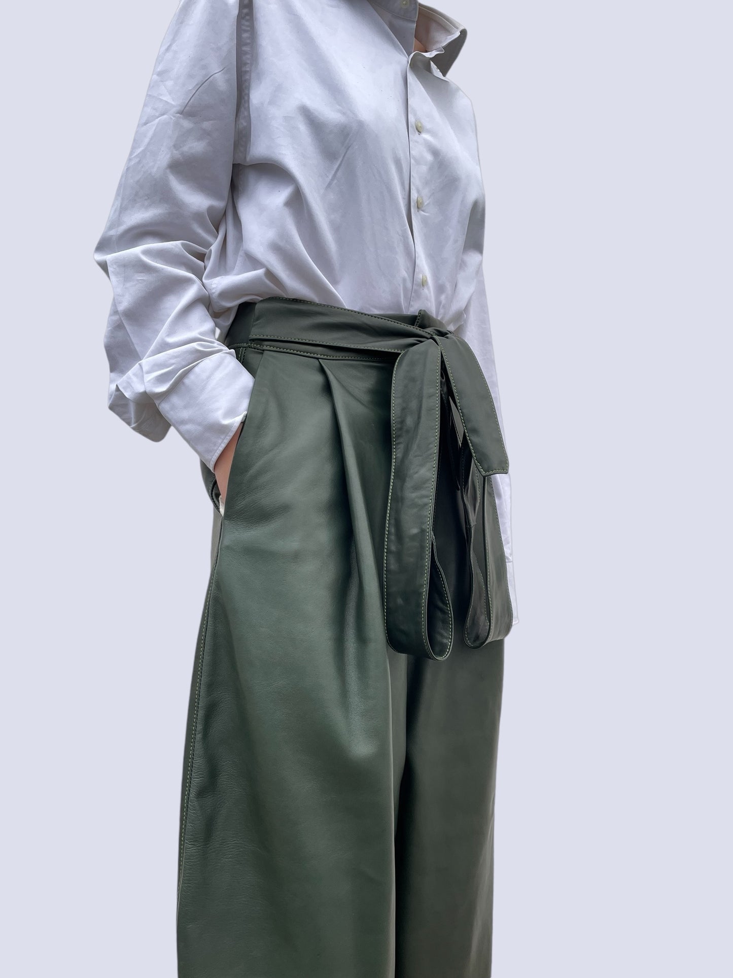 KHAKI LEATHER BOW PANTS