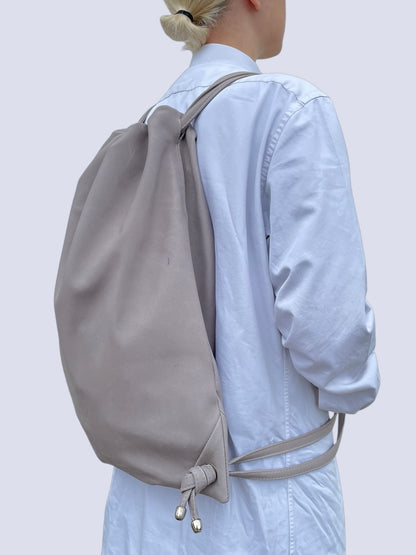 GREY LEATHER DRAW STRING BAG