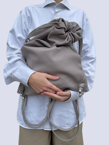 GREY LEATHER DRAW STRING BAG