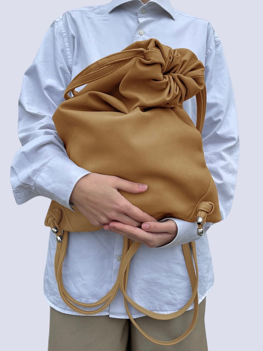 COGNAC LEATHER DRAW STRING BAG