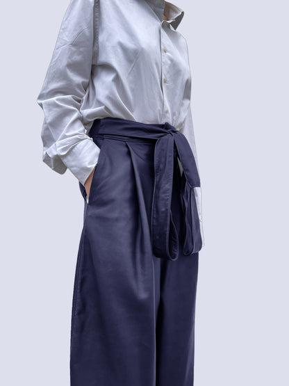 NAVY LEATHER BOW PANTS