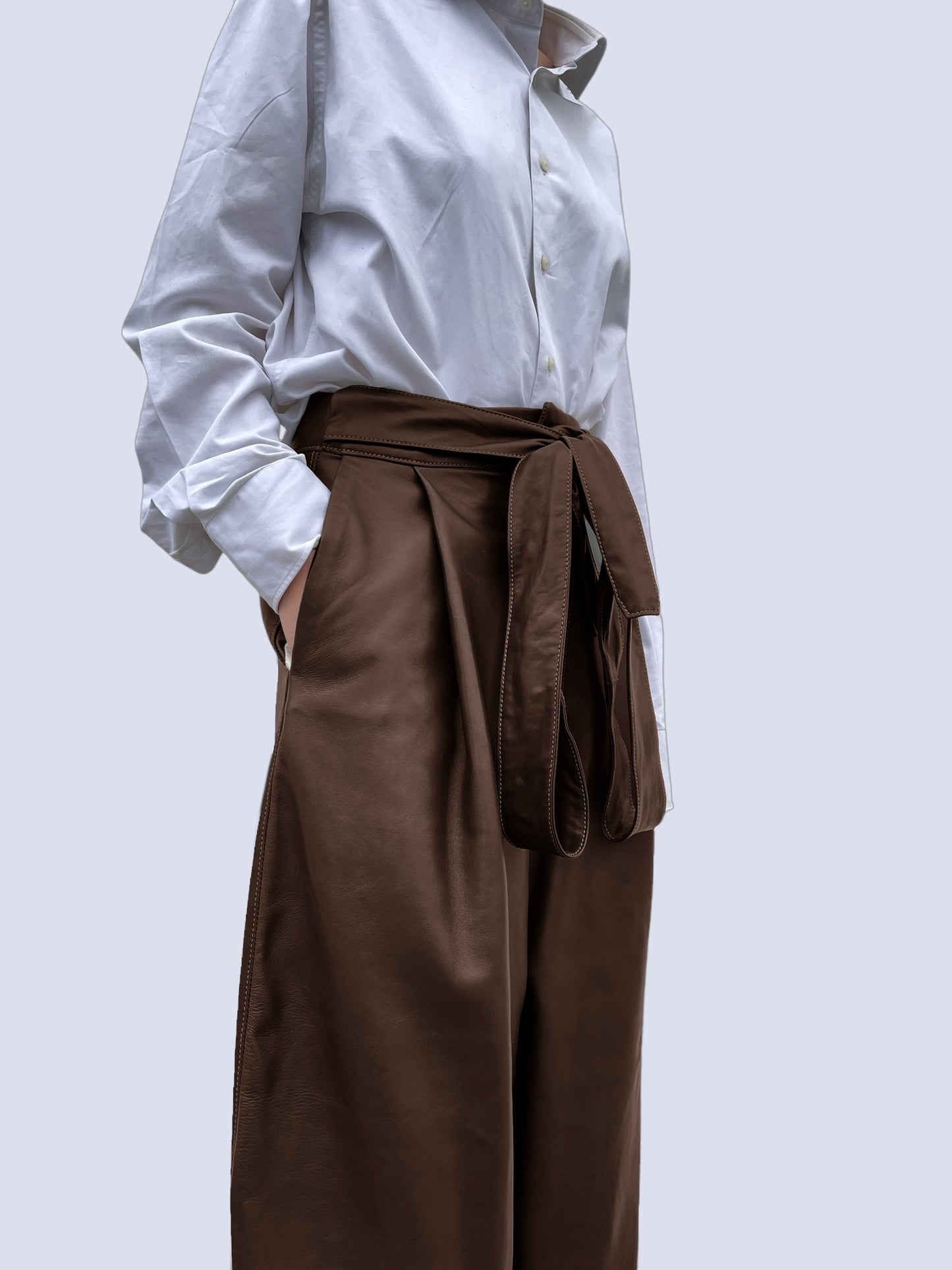 CHOCOLATE LEATHER BOW PANTS