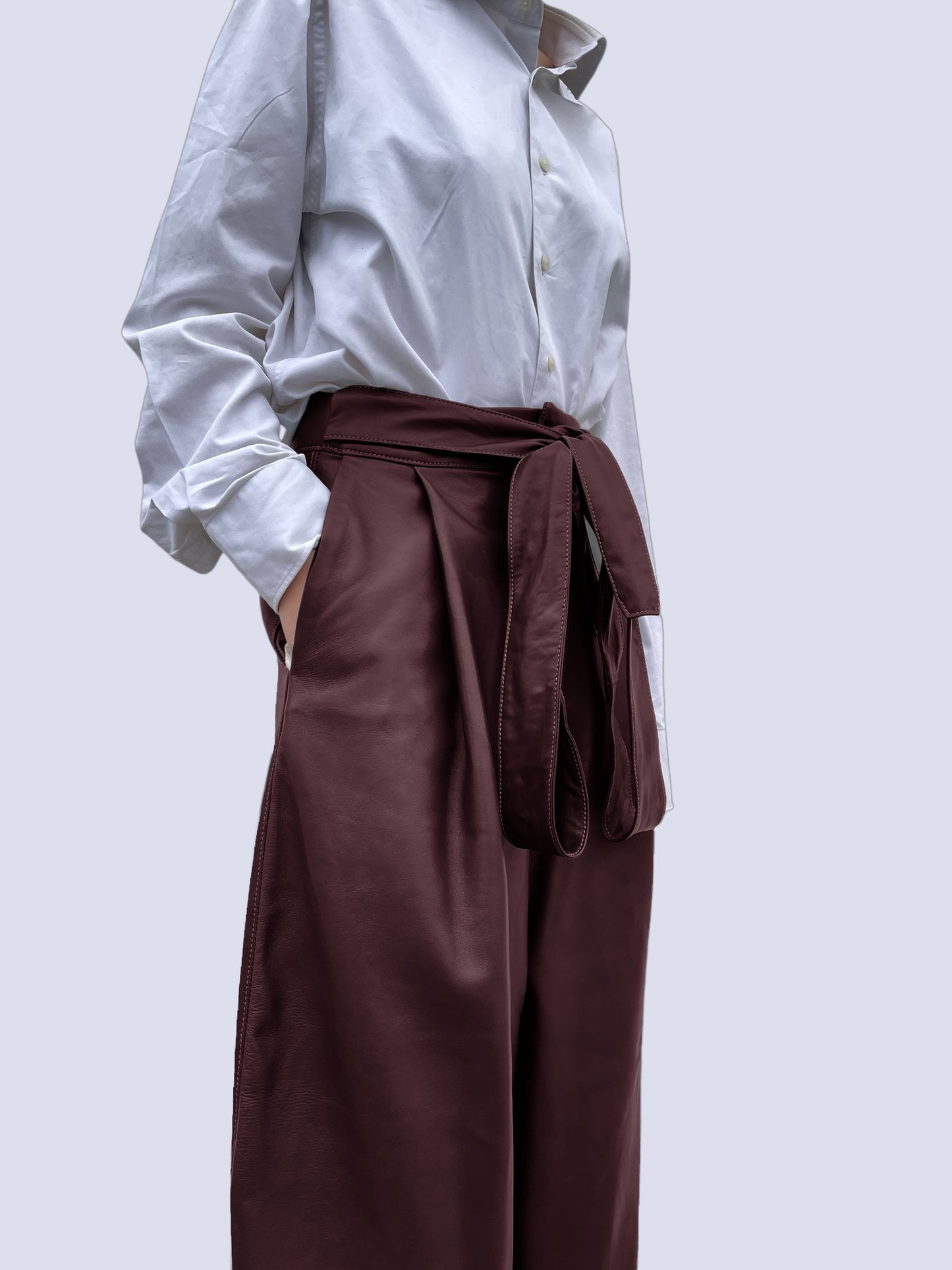 BURGUNDY LEATHER BOW PANTS