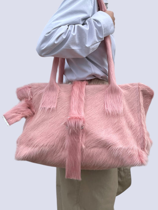 BABY PINK LONG COW HAIR WEEKENDER BAG