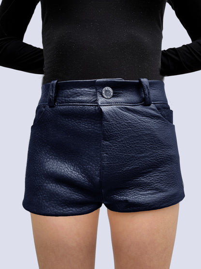 NAVY LEATHER MINI SHORT