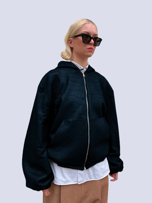 NAVY BUBBLE LEATHER BOMBER JACKET